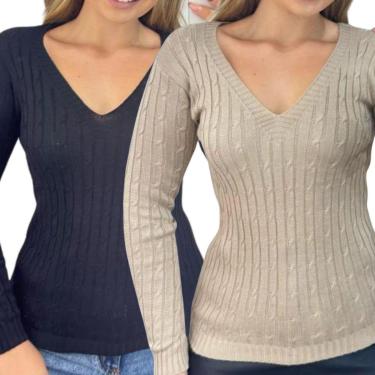 Imagem de Kit 2 Blusas Femininas Industrie Suéter Malha Tricô e Bege Manga Longa Tamanho:Único;Cor:-Feminino