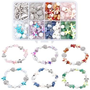 Imagem de SUNNYCLUE 1 caixa faça você mesmo 6 kits de fabricação de pulseiras, contas de estrela-do-mar, concha colorida, contas de tartaruga marinha, verão, Havaí, oceano, lascas, pedras irregulares, para