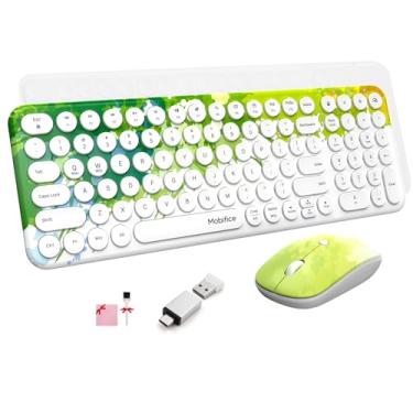 Imagem de Mobifice Combo de teclado e mouse sem fio de 2,4 G, fino, fofo, sem fio, compacto, teclado e mouse retrô silencioso para computador, laptop, Windows, Mac, Microsoft, tablets (tinta grafiti, verde)