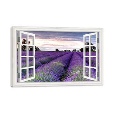 Imagem de Impressão em tela emoldurada de madeira janela de arte de parede lindo campo lavanda 3D falsa janela vista paisagem pintura natureza imagem impressão em tela arte de parede para sala de estar 40 x 60