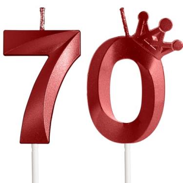 Imagem de Velas de aniversário de 70 anos para bolo, número 70 velas vermelhas com coroa, design 3D, enfeite de bolo de aniversário para mulheres, homens, festas de aniversário, casamento, celebração