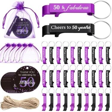 Imagem de Romooa 60 conjuntos de chaveiro abridor de cerveja de aniversário preto roxo com sacos e cartões de agradecimento, lembranças de 50 anos para convidados (50º)