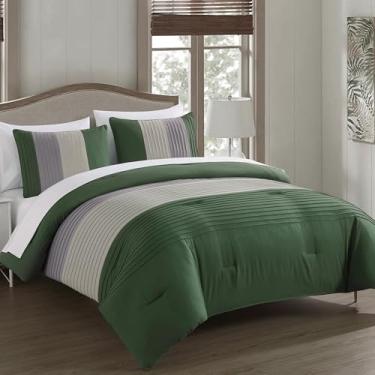 Imagem de Chezmoi Collection Briar 7 peças para cama de casal em uma bolsa – conjunto de edredom leve de microfibra para todas as estações – inclui lençóis e fronhas – design listrado plissado verde floresta