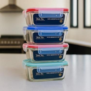 Imagem de Kit 2/4/6 Potes De Vidro Hermético 1040ml 410ml Marmita Retangular Tam