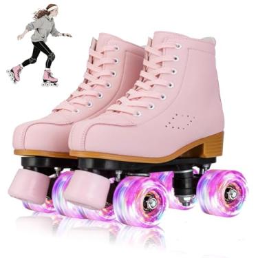Imagem de YYW Patins de Couro PU de Cano Alto para Mulheres e Homens, Patins Derby com Rodas Iluminadas (Rosa e Roxo - 37/13)