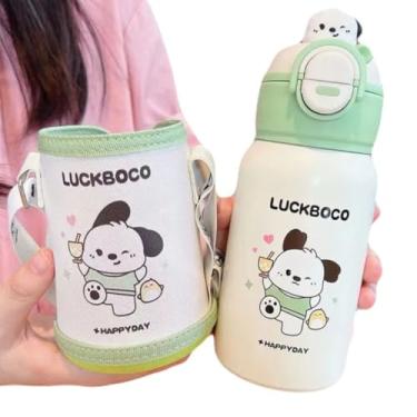 Imagem de Garrafa Térmica Infantil 500ml, Aço Inox, Alça Anti Vazamento, Canudo, Animais (Branco com Cachorrinho)