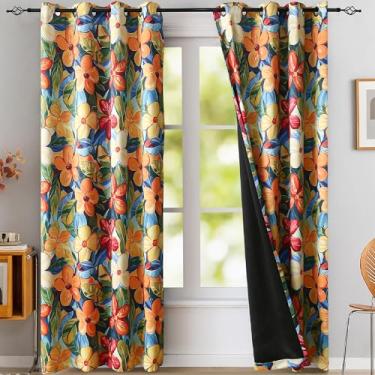 Imagem de Luvyohmee Cortinas blecaute florais vibrantes de 213 cm de comprimento com bloqueio de luz para isolamento térmico de quarto, cortinas estampadas de flores amarelas vivas coloridas com ilhós de