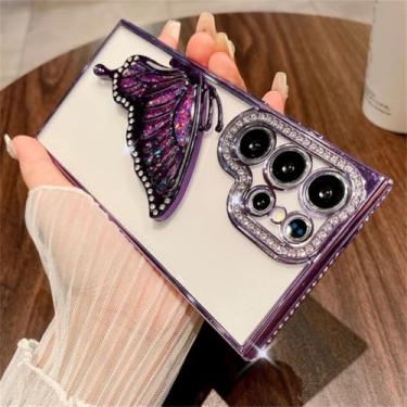 Imagem de Capa para Samsung S24Plus com revestimento em glitter, borboleta, areia movediça, strass, transparente (para Samsung S24Plus/roxo)