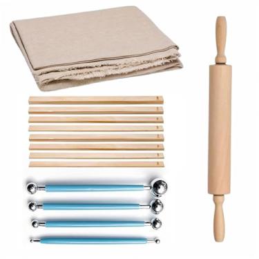 Imagem de Earssa Conjunto de 12 ferramentas de cerâmica, inclui rolo de massa de argila de madeira de 43 cm, guia de 5 tamanhos, 1 toalha de mesa de linho e ferramentas de pontilhamento para fabricação de