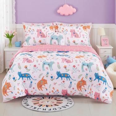Imagem de Mooreeke Conjunto de edredom infantil para meninas, 8 peças, fofo, gato, flor, cama infantil de microfibra floral em uma bolsa com edredom, conjunto de lençóis, fronhas e travesseiro decorativo para