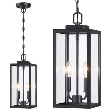 Imagem de Luminária pendente externa grande de 38 cm com 2 luzes, lustre externo de metal preto moderno para pendurar no teto com vidro transparente para entrada na varanda da frente, entrada, 1 pacote