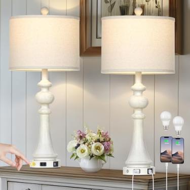 Imagem de Conjunto de 2 lâmpadas de casa de fazenda de 71 cm com portas USB A+C rápidas e tomadas CA, lâmpadas de mesa vintage rústicas com controle de toque reguláveis de 3 vias, candeeiro de cabeceira