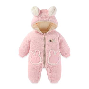 Imagem de JiAmy Macacão de inverno de lã para bebês recém-nascidos com capuz e urso fofo para meninos e meninas de 12 a 18 meses, rosa