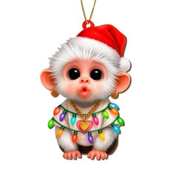 Imagem de 365RUSTIC Ornamentos de madeira de Natal planos impressos em 2 lados, decoração de árvore pendurada de lembrança, enfeite de macaco bebê