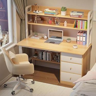 Imagem de Mesa com prateleiras de armazenamento e 3 gavetas, mesa de computador de estilo moderno e simples, mesa de estudo para escritório doméstico, Oak, 47 polegadas