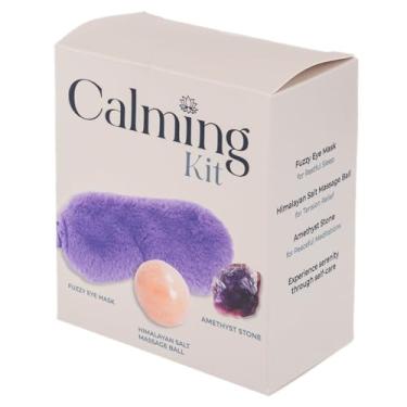 Imagem de GANZ Kit calmante de bolas de sal de 12,7 cm conjunto de relaxamento com máscara para os olhos difusa, bola de massagem de sal do Himalaia e pedra de ametista | Kit de autocuidado