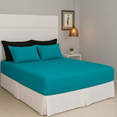 Imagem de Jogo de Lençol Cama Casal Pérola Liso 3 Peças COZZILAR Azul Ártico 100% Algodão com Elástico e Toque Macio