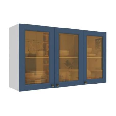 Imagem de Armário de Cozinha Americana Aéreo 120cm 3 Portas com Vidros Multimóveis Cr20488 Branco/azul