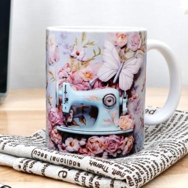 Imagem de Tzdxfgl Caneca de máquina de costura 3D de 325 ml, caneca pintada de costura 3D criativa, copo de cerâmica branca com design espacial 3D, copo de máquina de costura multiuso para amantes de colchas