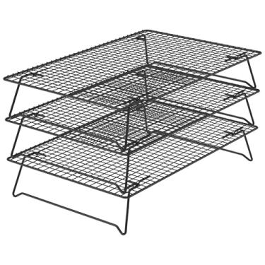 Imagem de 3 peças de assadeira dobrável, rack de resfriamento de aço inoxidável com pernas dobráveis, rack de arame empilhável, superfície antiaderente, multiuso, adequado para fazer pão de bolo, biscoito