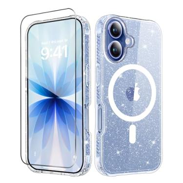 Imagem de MIODIK Capa para iPhone 17 + protetor de tela, [compatível com Magsafe] Capa de celular feminina com glitter transparente, capa protetora antiamarelamento à prova de choque para iPhone 17 de 6,3