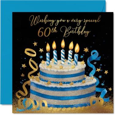 Imagem de Cartões de aniversário de 60 anos para mulheres e homens - bolo de ouro e prata - Cartão de feliz aniversário para mulher de 60 anos homem babá irmã esposa vovó, cartões comemorativos de aniversário