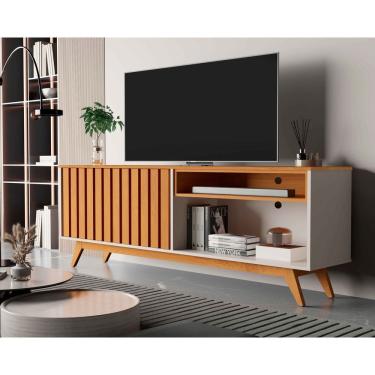 Imagem de Rack Buriti Ripado 160cm 2 Portas para Tv até 65 Polegadas OffWhite com Nature - Rede Móveis