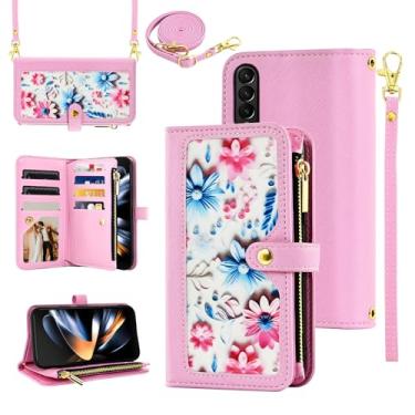Imagem de Furiet Capa carteira floral para Samsung Galaxy Z Fold 4 5G 2022 com alça de pulso alça de ombro flip bolsa com zíper, suporte de cartão de couro PU de luxo para ZFold4 Z4 Fold4 4Z ZFold45G rosa
