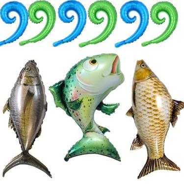 Imagem de Balões de festa de pesca realista Carpa Atum Salmão com anzol de peixe azul e verde, balão ondulado encaracolado para decoração de festa de peixe desaparecido/O-fishally uma decoração de chá de bebê