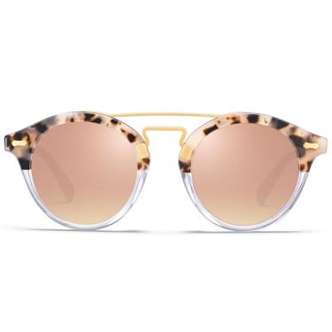 Imagem de CARFIA Óculos de sol com ponte dupla de acetato de rosto pequeno, proteção UV polarizada, óculos escuros redondos de metal retrô, 4. Armação de tartaruga rosa espelhada, One Size