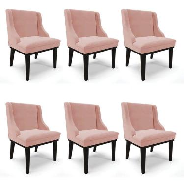 Imagem de Kit 6 Cadeiras Estofadas para Sala de Jantar Base Fixa de Madeira Preto Lia Veludo Rosê - Ibiza