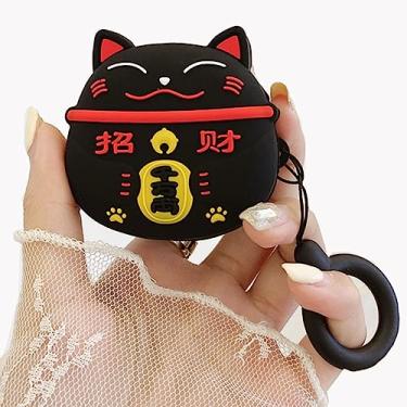 Imagem de Capa para Samsung Galaxy Buds Pro 2, capa com design de gato da sorte para Samsung Galaxy Buds 2 Pro/Live/Fe, capa de silicone para homens/mulheres (preto)