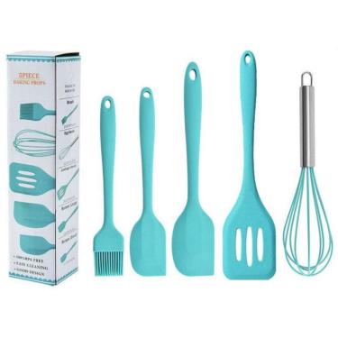 Imagem de Kit Espátulas Silicone Pincel Fuê 5 Peças Cozinha Azul