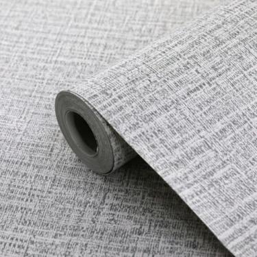 Imagem de ESSMOKO Papel de parede sólido padrão de linho autoadesivo material de PVC impermeável papel de parede quarto sala de estar dormitório adesivo de renovação cinza claro 45 * 1000 cm