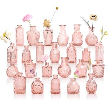 Imagem de GarDream Conjunto de 24 vasos de vidro rosa vintage, lindos vasos para decoração de mesa de centro de mesa, mini vasos boho para flores, vaso rosa transparente a granel para decoração de festa de