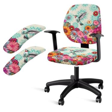 Imagem de Baxinh Conjunto de 4 capas de cadeira de escritório com estampa de mandala Boho com estampa de beija-flor, capa para cadeira de escritório com apoio de braço, capa giratória para cadeira de escritório