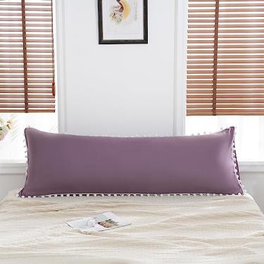 Imagem de Capa de travesseiro de corpo roxo 51 x 132 cm capa de travesseiro de corpo bonito pompons design de franja boho chique decoração longa capa de travesseiro com fecho de bolso