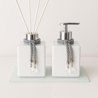 Imagem de Kit De Banheiro Lavabo Luxo Cubo De Vidro Difusor + Sabonete + Bandeja