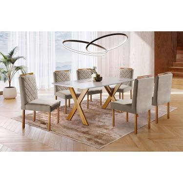 Imagem de Conjunto Sala de Jantar 6 Lugares Espanha Mesa e Cadeiras Madeira Maciça Tampo Com Vidro Tecido Linho Areia