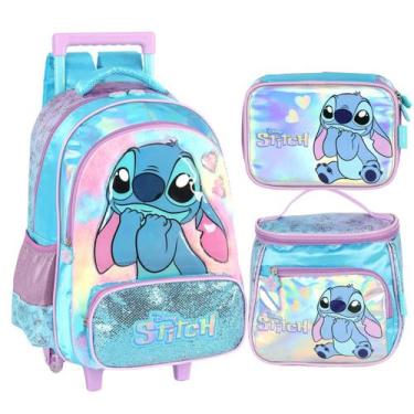 Imagem de Kit Mochila Rodas Lancheira Estojo Stitch 3D Alto Relevo AZ - Luxcel