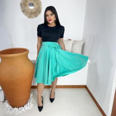 Imagem de Saia Midi Godê Moda Evangélica Feminina - Miss Flower, Verde tiffany, 