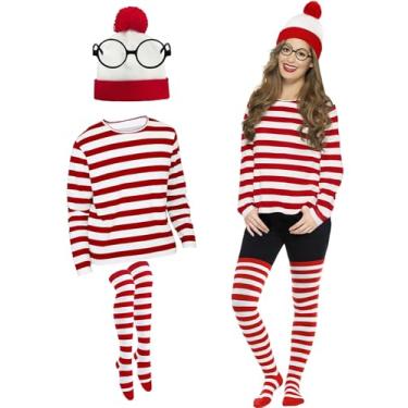 Imagem de Kidukso Camiseta listrada vermelha e branca de luxo adulto cosplay fantasia divertida manga longa roupa roupa, Feminino, Large