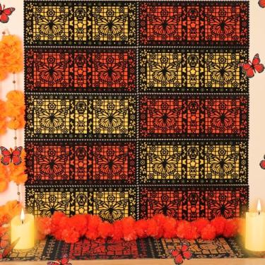 Imagem de Epakh 12 peças de painéis picados de feltro, decoração de parede mexicana Dia De Los Muertos Ofrenda, borboleta monarca caveira de açúcar mexicano Dia De Los Muertos decorações de fundo de altar para