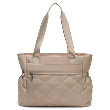 Imagem de Bolsa feminina, bolsa de mão com zíper, bolsa de ombro acolchoada leve com vários bolsos para viagens, trabalho, academia diária, Caqui, Large