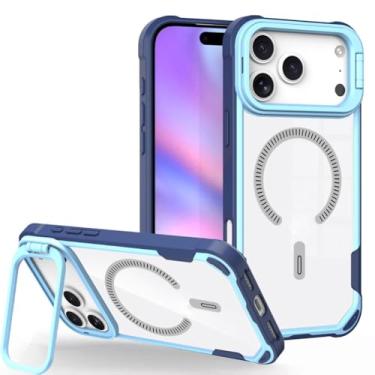 Imagem de LYJSMGZ Capa translúcida para iPhone 17Pro Max/17/17Pro/17Air, proteção magnética contra quedas de nível militar, capa fina antiamarelamento com suporte, azul, 17Air