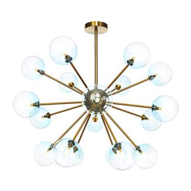 Imagem de Lustre moderno de latão com bola de vidro de meados do século, luminária pendente com 18 luzes, ramo G4, luminária suspensa semi-embutida para sala de estar, cozinha, escadas, azul