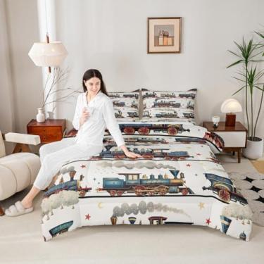 Imagem de Manfei Conjunto de edredom solteiro com desenho animado de carro, trem de construção, para decoração de quarto de meninos e meninas, 2 peças