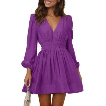 Imagem de Mini vestido BWQ de manga comprida Deep V A-line, elástico, roxo