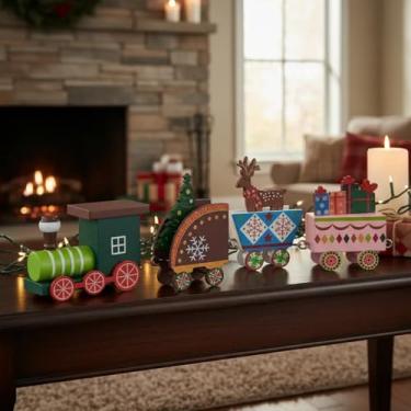 Imagem de Mini Trem de Madeira NatalinoEnfeite Decorativo Artesanal para Natal – Trem de Mesa, Presépio e Decoração de Festa (Colorido, 18cm)