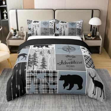 Imagem de Erosebridal Cabin Rustic Lodge 100% algodão, capa de edredom, tamanho solteiro, urso, veado, vintage, para crianças, meninos, adolescentes, homens, campo, fazenda, patchwork, floresta, geométrico